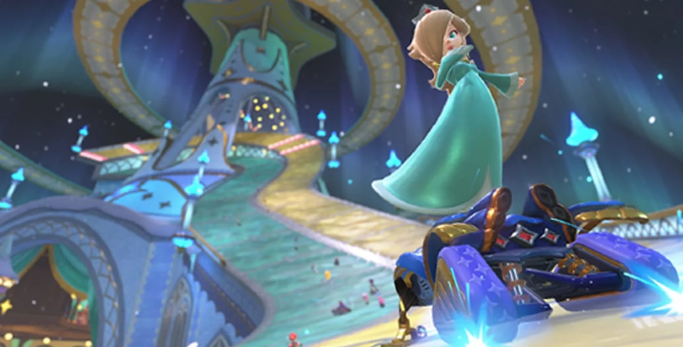 Rosalina dirige em uma pista espacial de Mario Kart World